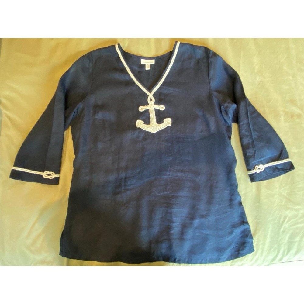 Linen Tunic XL Navy Nautical Anchor Embroidery Pullover 3/4 Sleeve Blouse sku16